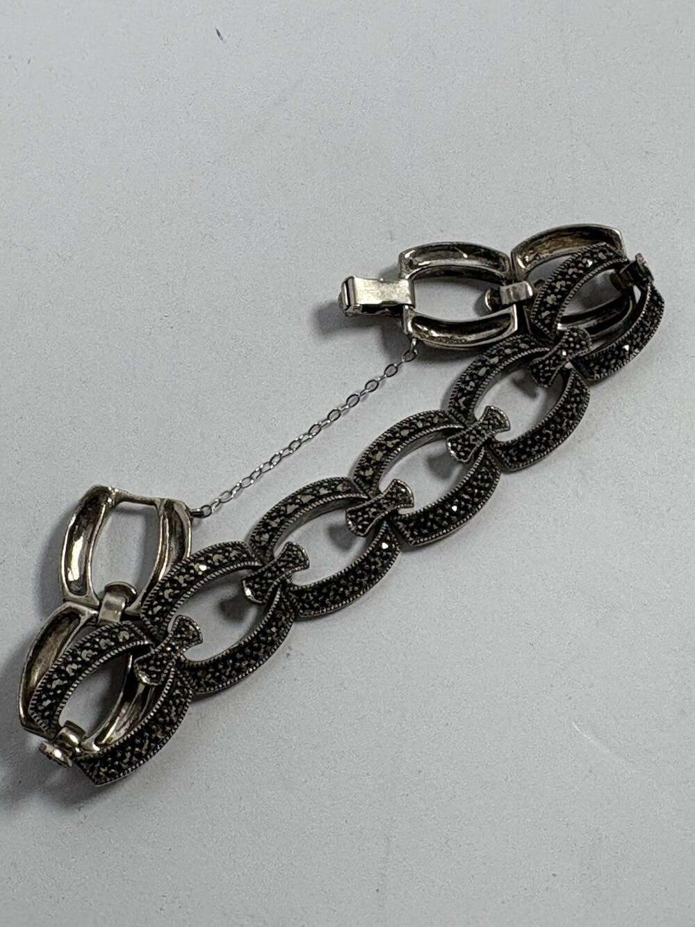 Vintage Sterling Silver Marcasite Open Oval Link Bracelet Chain Judith Jack